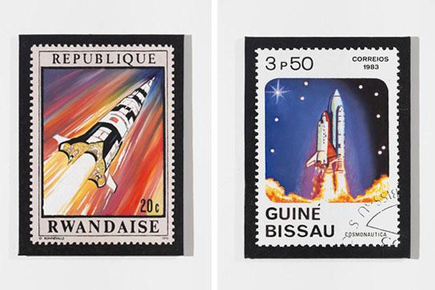 French-Algerian artist Kader Attia’s Independence Disillusionment (2014), a series of 26 paintings depicting stamps from African and Middle-East countries. Exploring the legacy of colonialism, Attia’s stamps show images of space shuttles and moon landings, reflecting their utopian dreams.