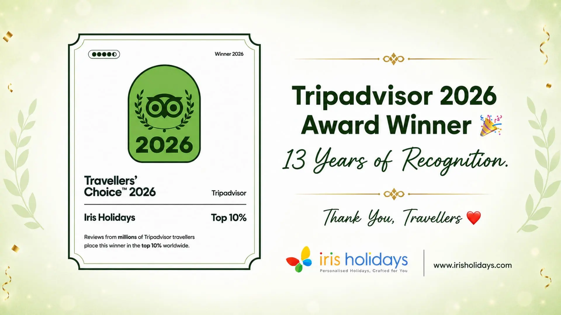 13 Years of Tripadvisor Recognition-Iris Holidays wins Travelers’ Choice Award 2026  🎉