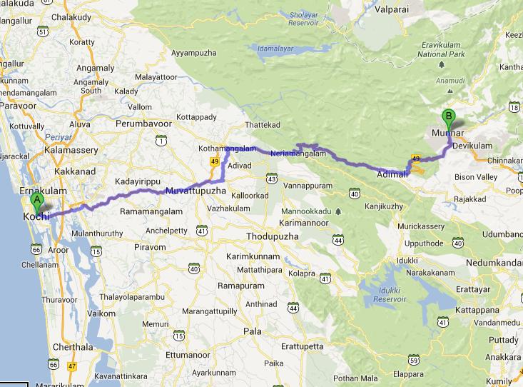 Cochin Munnar Distance Map Route 
