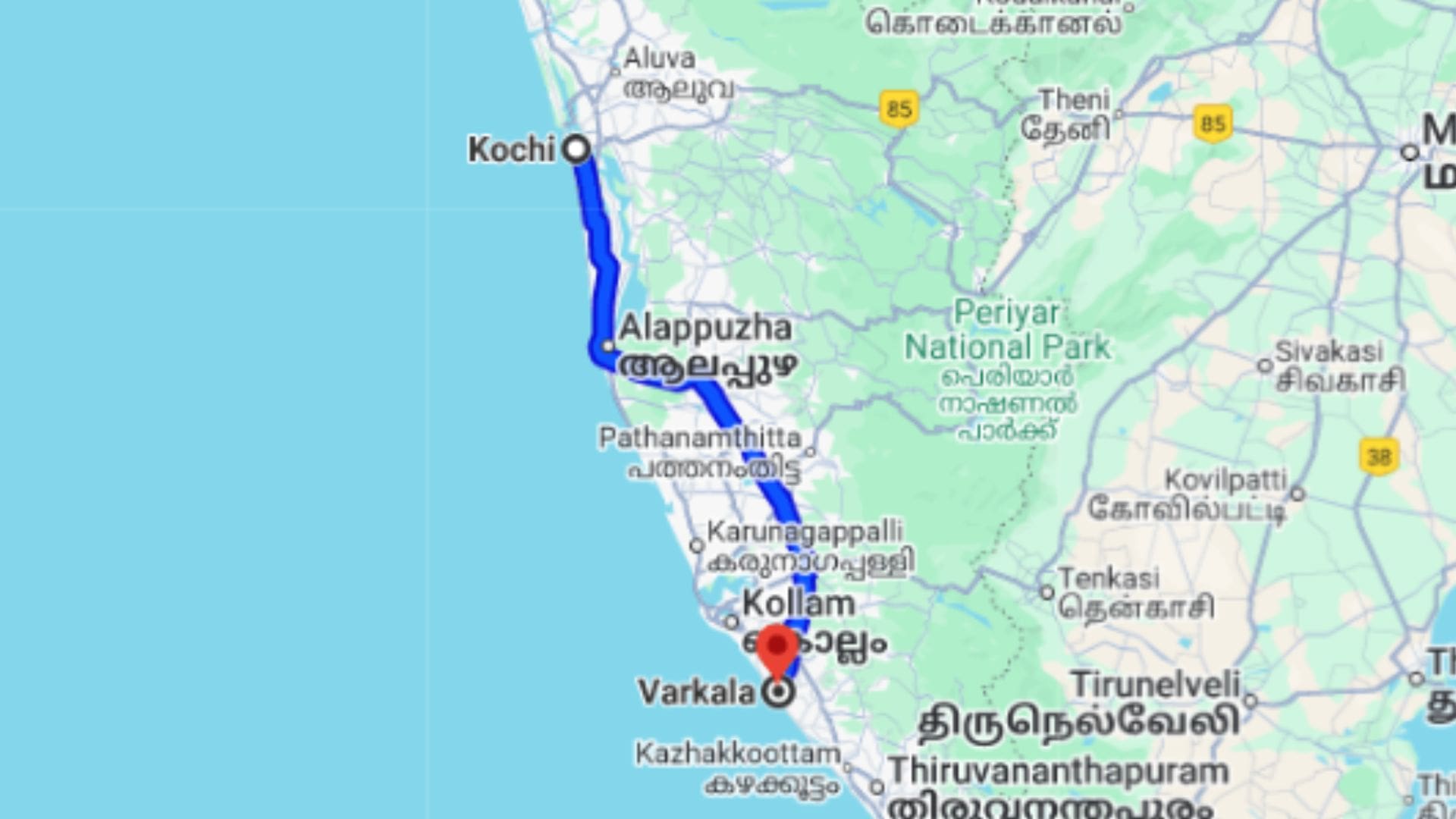 kochi-to-varkala-distance
