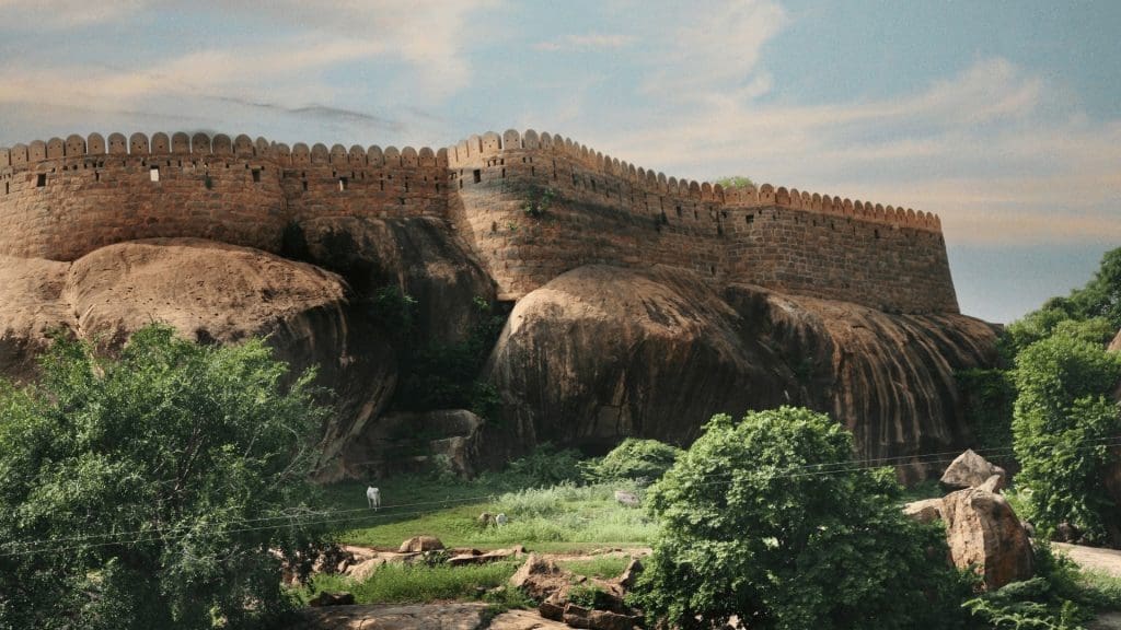 Historic Thirumayam Fort built on a rocky hill in Tamil Nadu